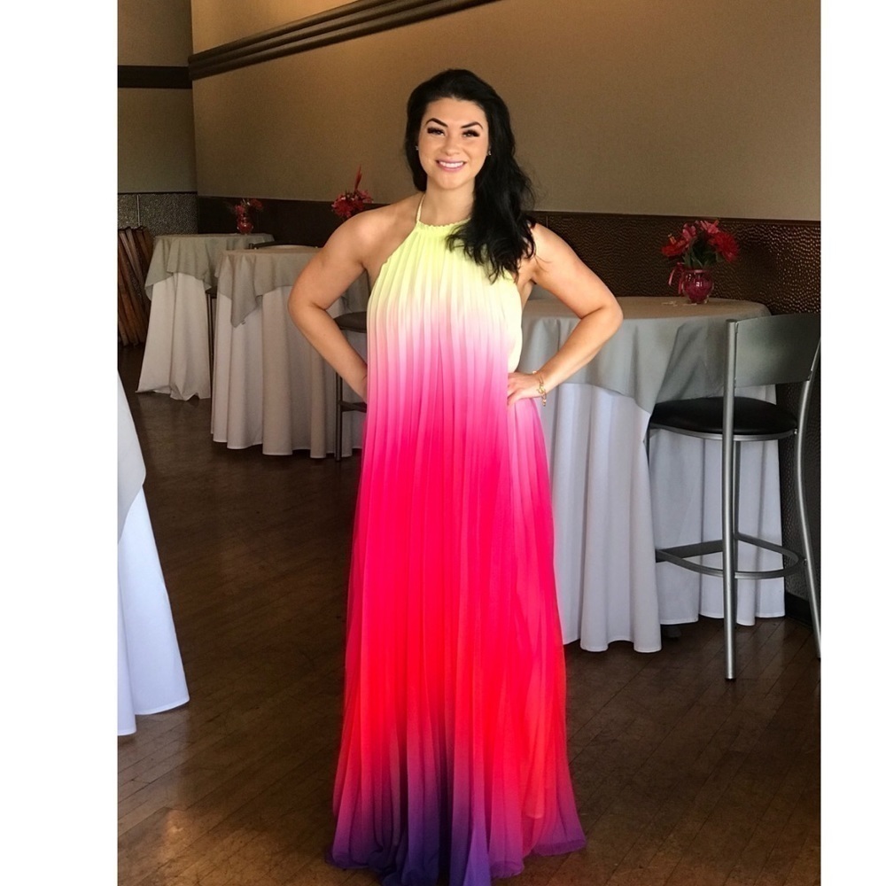 SOLD - Pleated OMBRE HALTER MAXI DRESS - PINK RED - Picture 2 of 9